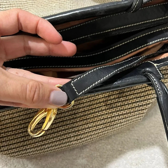 Tusk Womens Beige Black Shoulder Tote Bag Natural Woven Double Handle Large - Picture 11 of 14